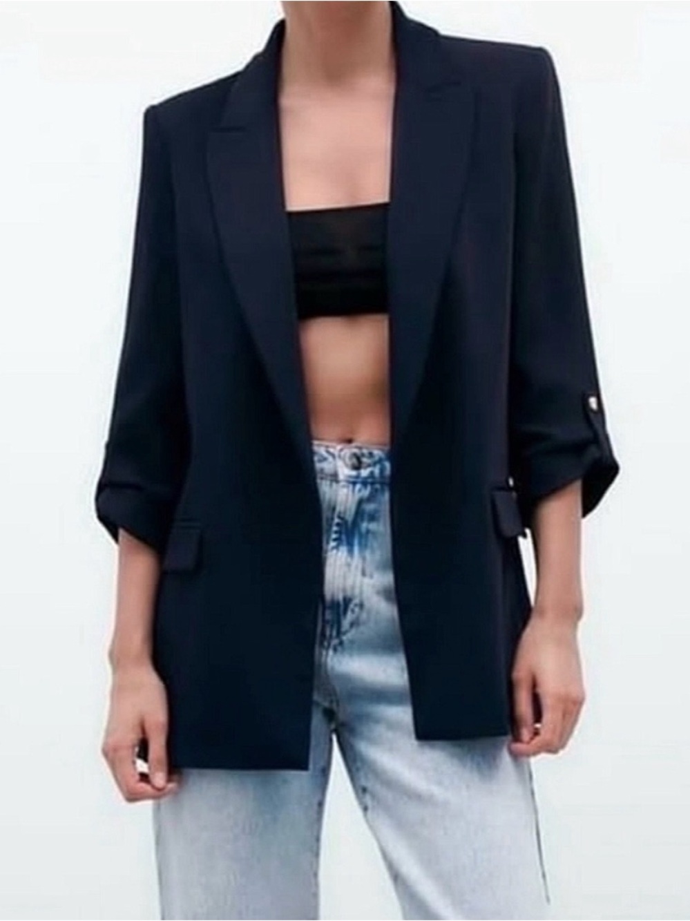 Zara NWT Navy Blue Open Front Blazer with Rolled-Up Sleeves | S